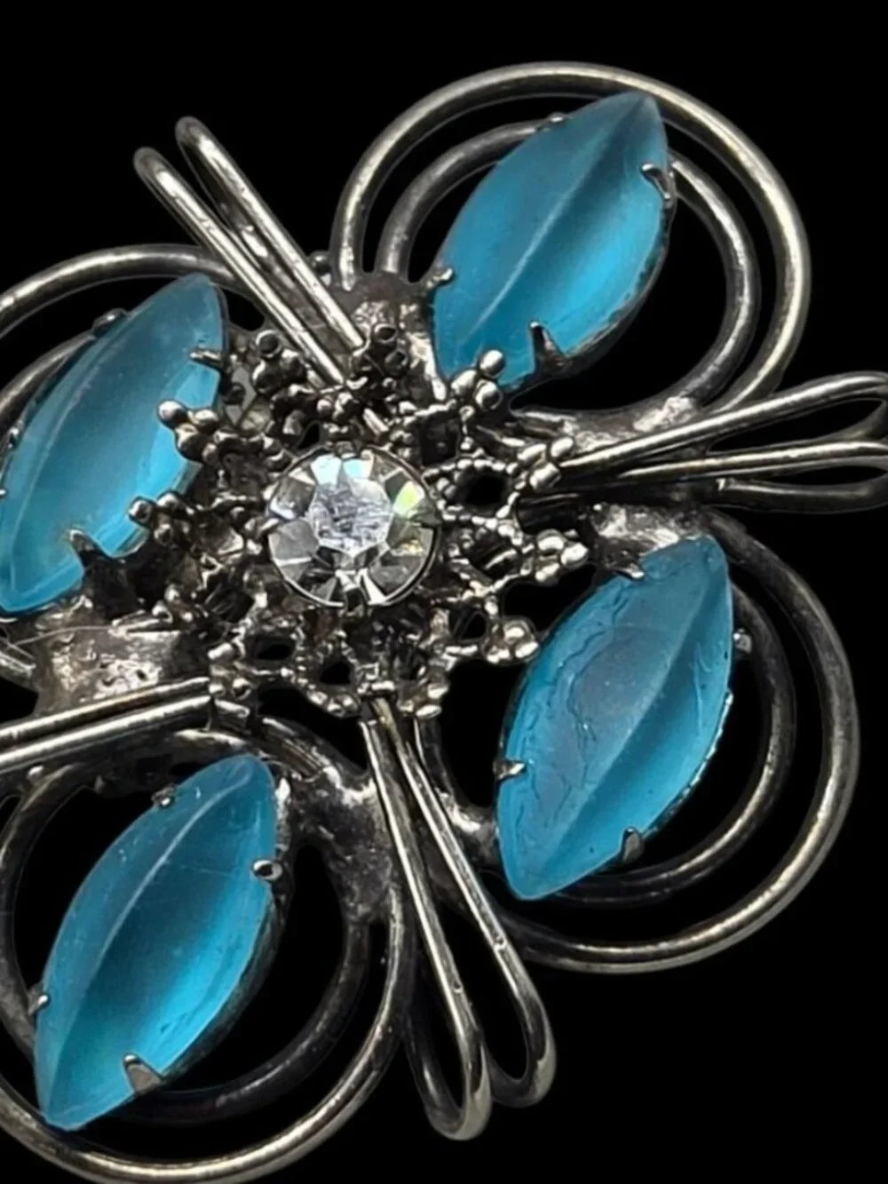 Vintage Frosted Blue Marquise Glass Brooch Wire Wrap Central Rhinestone1980s